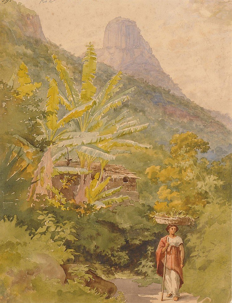 Eine brasilianische Frau trägt einen Korb mit Früchten auf dem Kopf, mit Zuckerhut im Hintergrund von Bernhard Wiegandt