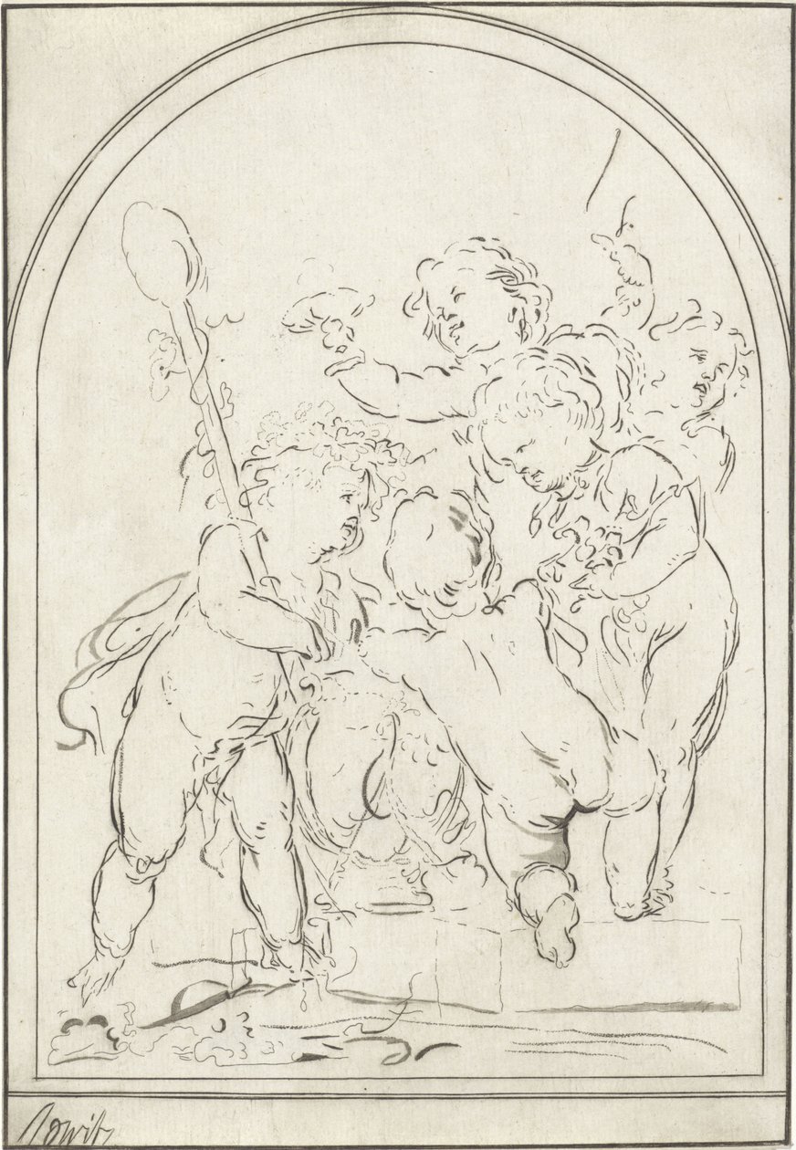 Fünf Putti bei einer Vase mit Weinranke von Bernhard Schreuder