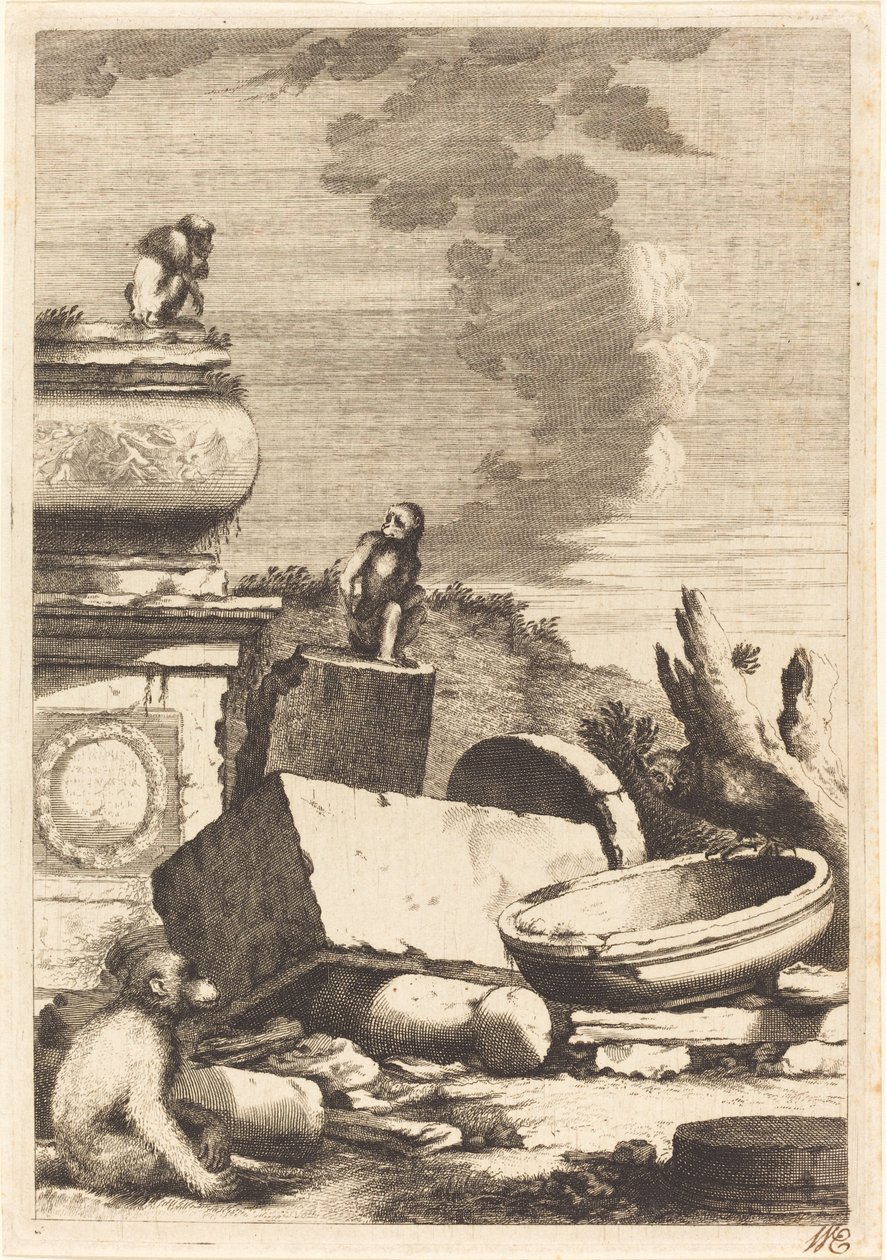 Ruinen mit Affen und einer Eule von Bernhard Zaech after Jonas Umbach