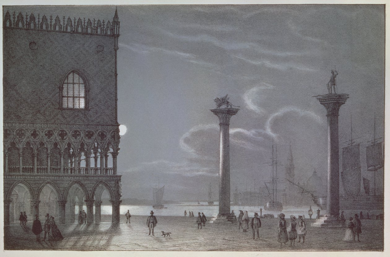 Nächtliche Szene des Palazzo Ducale und der zwei Säulen, Venedig, graviert von Brizeghel von Berselli