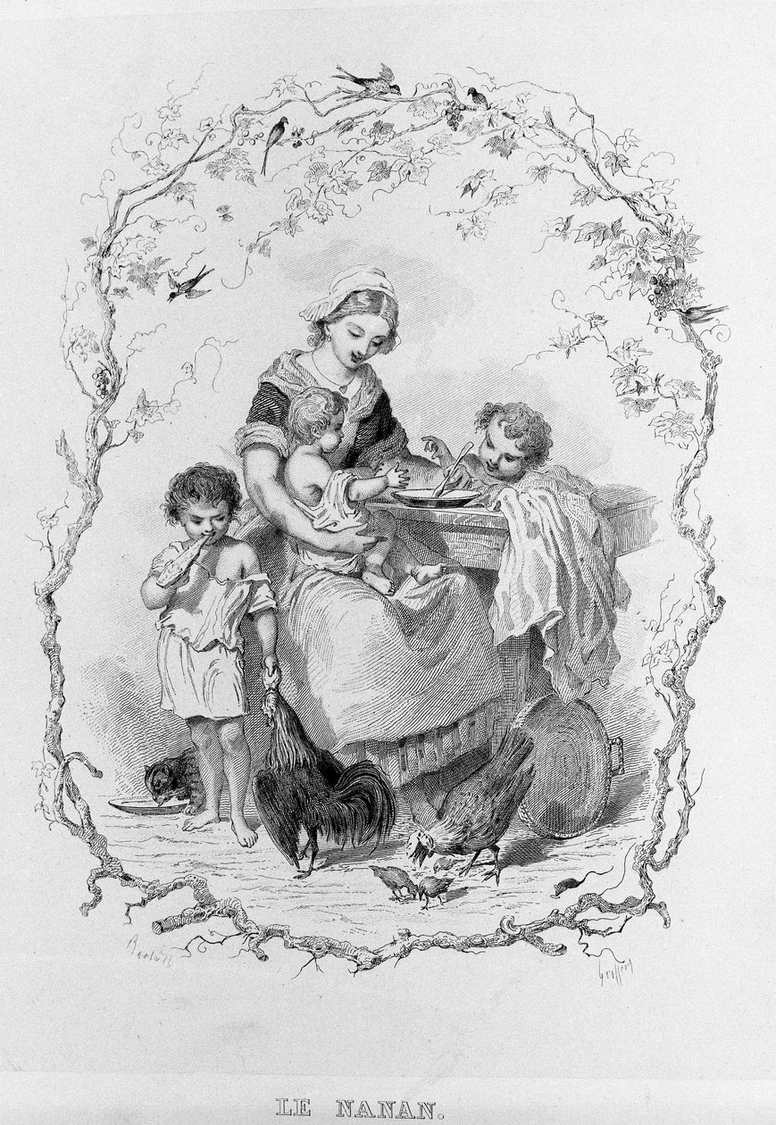 Die Nanny: eine junge Mutter gibt ihren drei Kindern Essen in „La Physiologie du Goût“ von Brillat-Savarin, illustriert von Bertal. Paris 1840. Jean Anthelme Brillat-Savarin (Brillat-Savarin) (1755-1826) französischer Gastronom. von Bertall