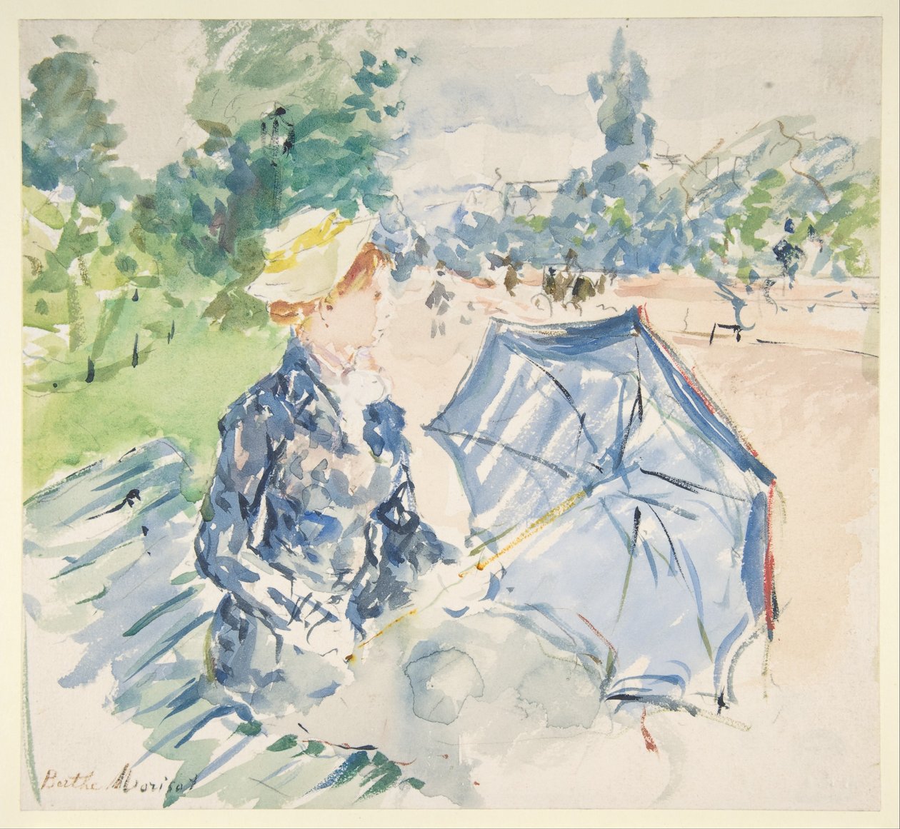 Eine Frau, die auf einer Bank an der Avenue du Bois sitzt von Berthe Morisot