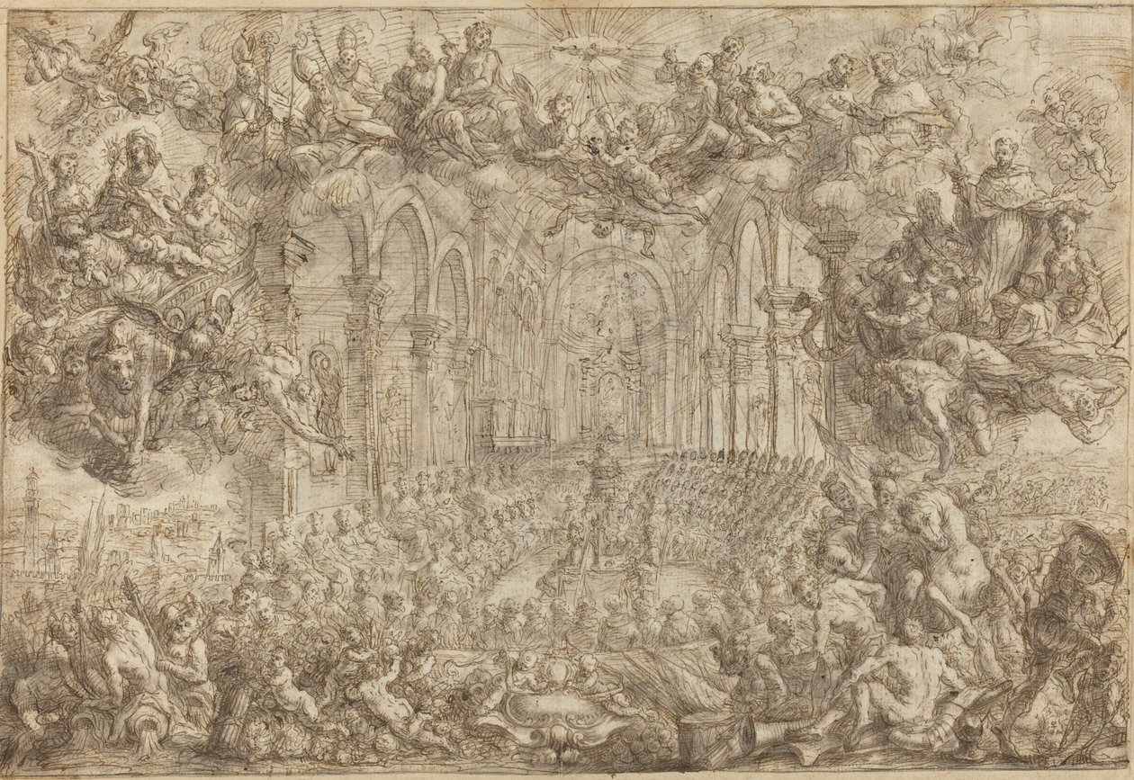 Das Konzil von Trient mit dem heiligen Thomas, der die Ketzer besiegt von Biagio Falcieri