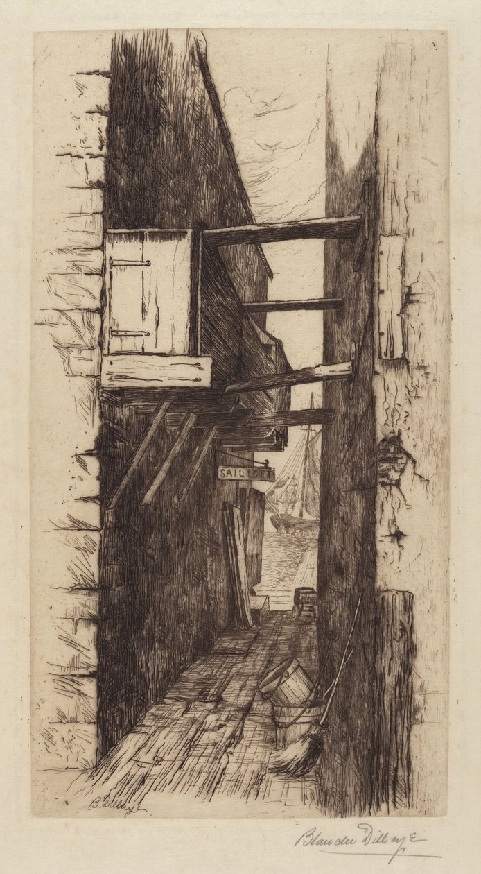 Ohne Titel (Gasse mit Blick auf einen Hafen) von Blanche Dillaye