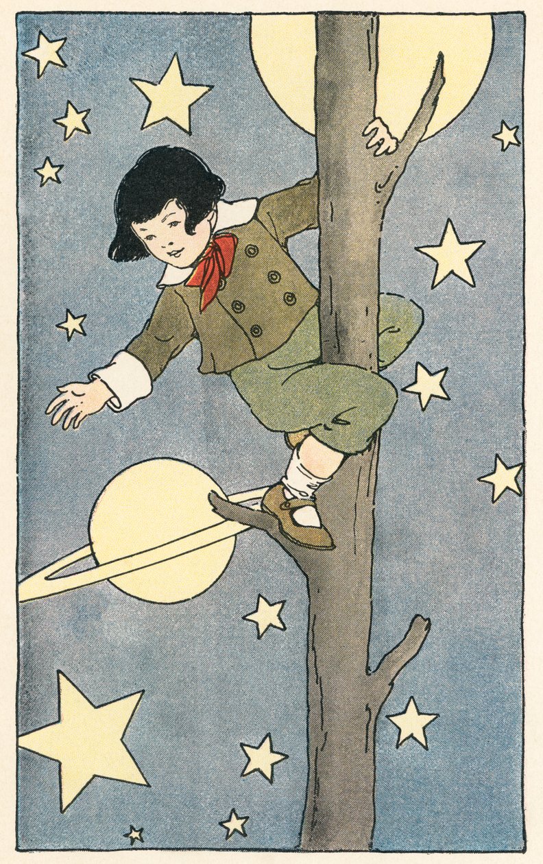 Junge klettert auf einen Baum zwischen Sternen und Planeten von Blanche Fisher Wright