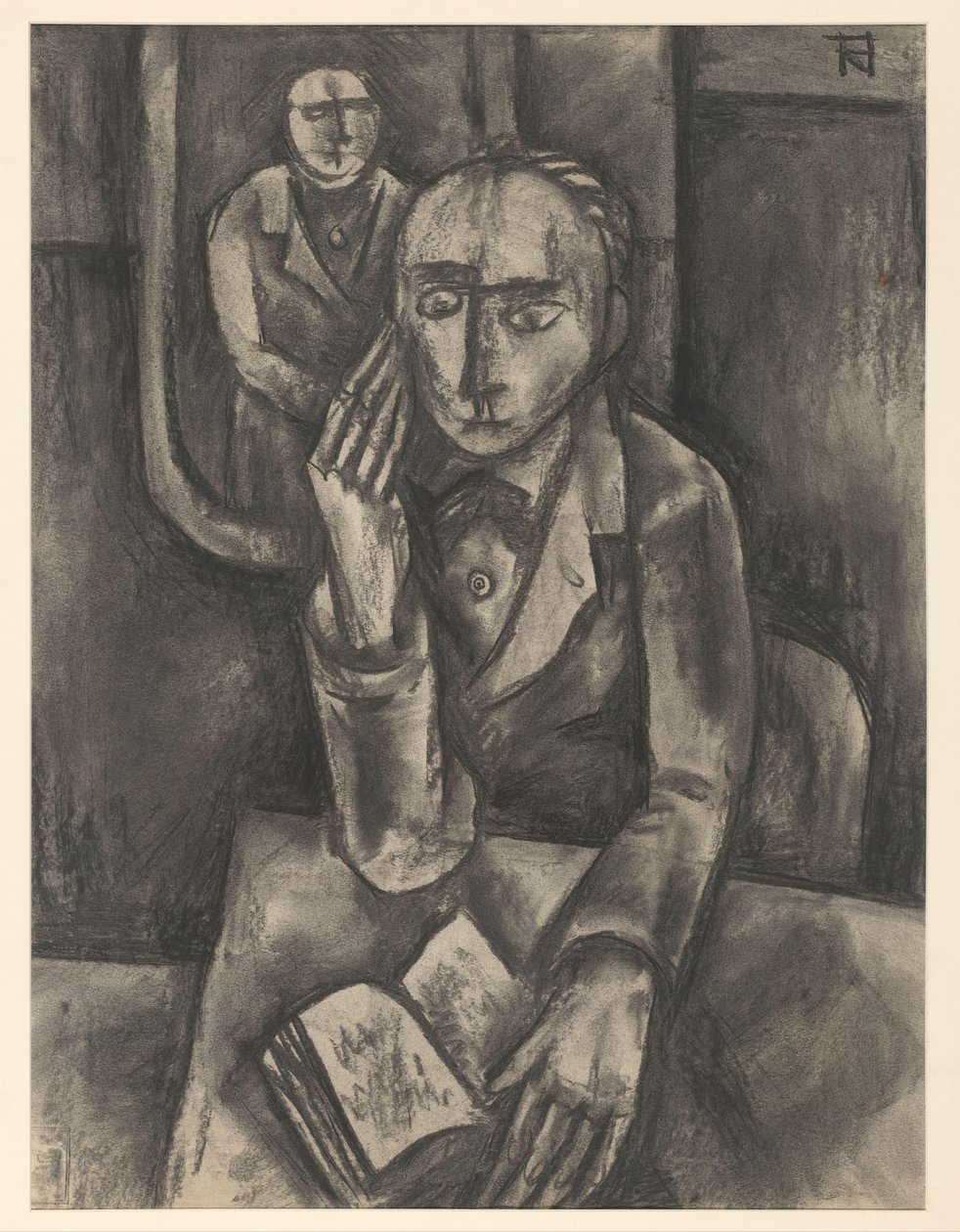 Mann sitzt am Tisch mit einem offenen Buch von Bob Hanf (signed by artist)