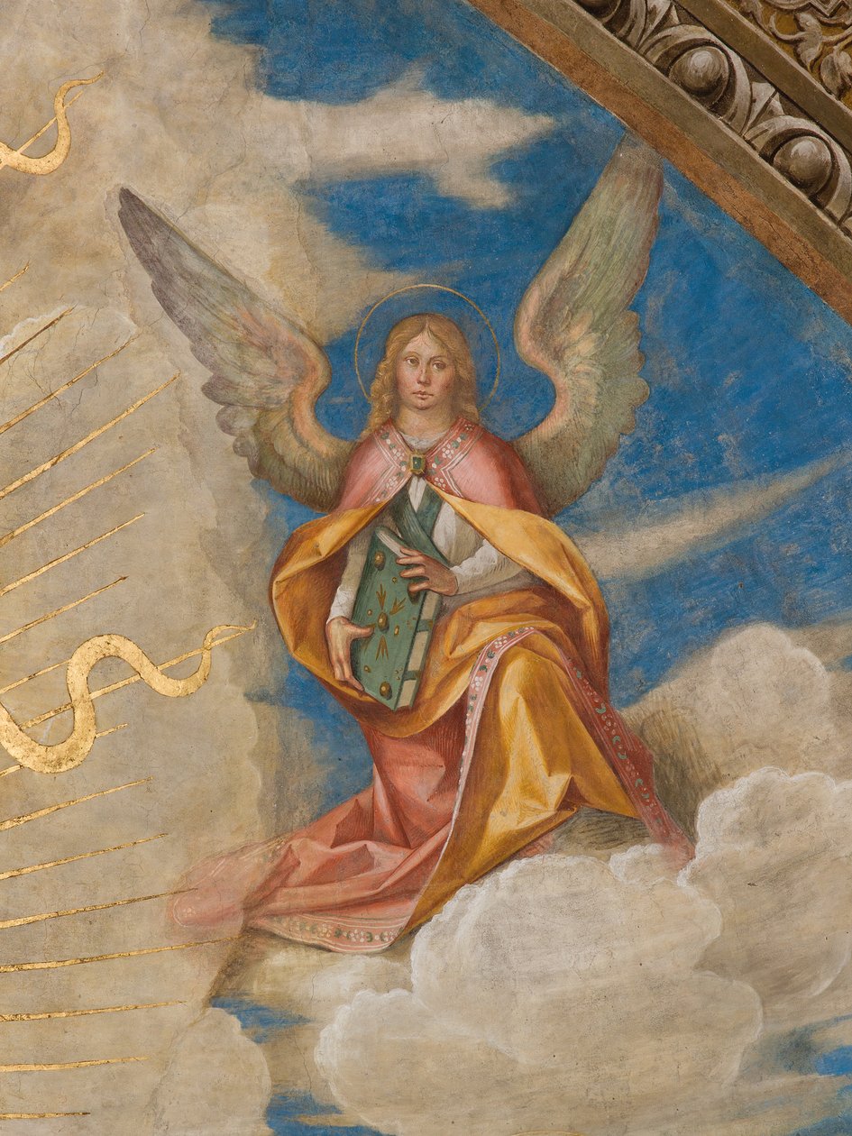 Apsis, Catino Apsis, Pantokrator unter den Heiligen Marcellino, Imerio, Omobono, Peter Exorzist, Detail Engel rechts von Boccaccio Boccaccino
