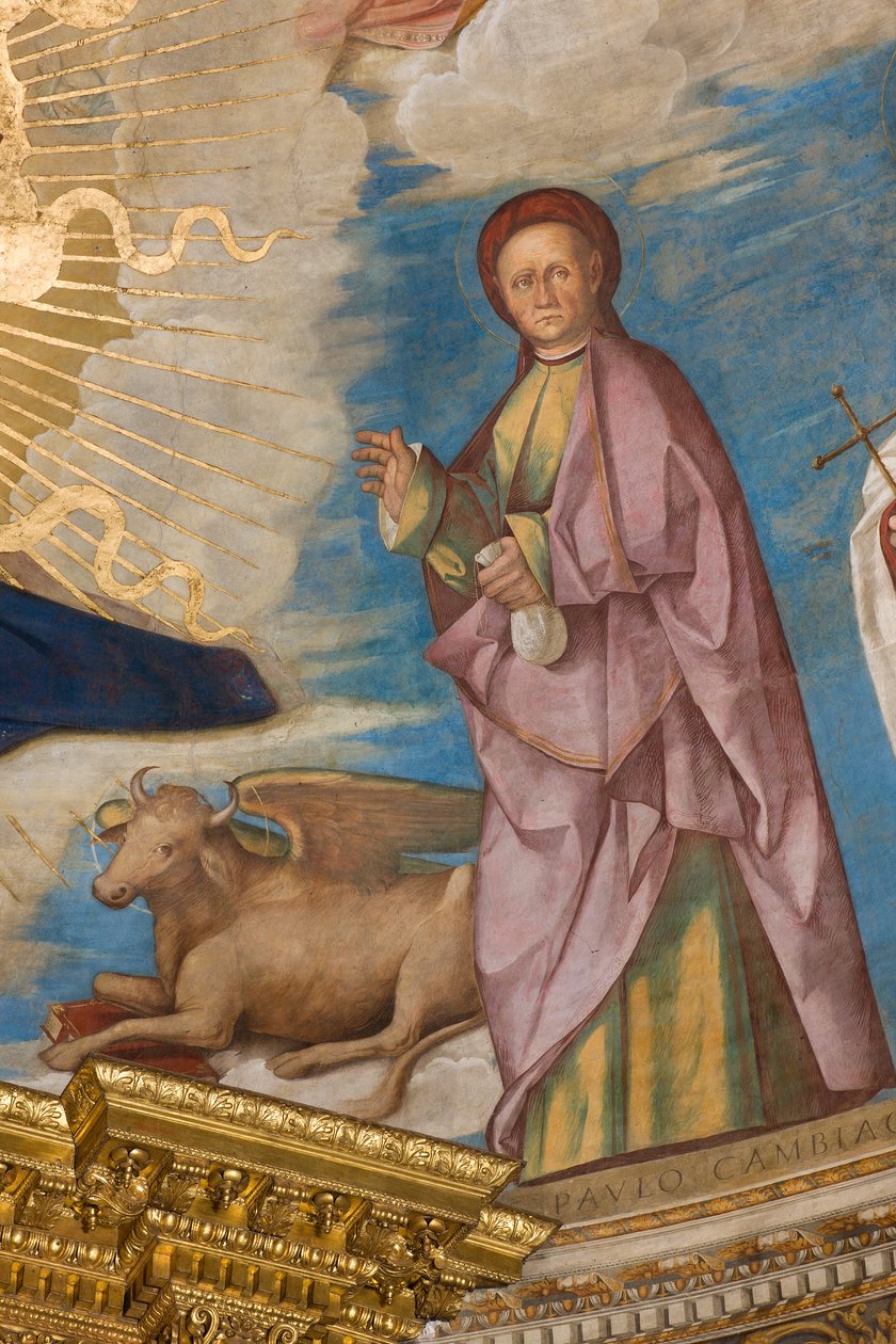 Apsis, Catino Apsis, Pantokrator unter den Heiligen Marcellino, Imerio, Omobono, Peter Exorzist, Detail St. Omobono von Boccaccio Boccaccino