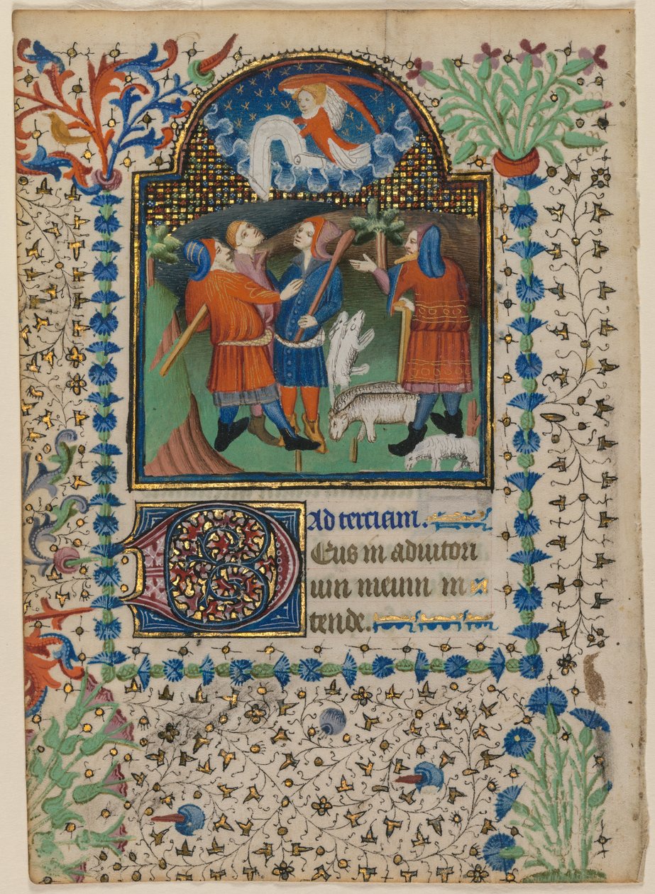 Blatt aus einem Stundenbuch: Verkündigung an die Hirten recto und Text verso, ca. 1410-20 von Boethius Illuminator