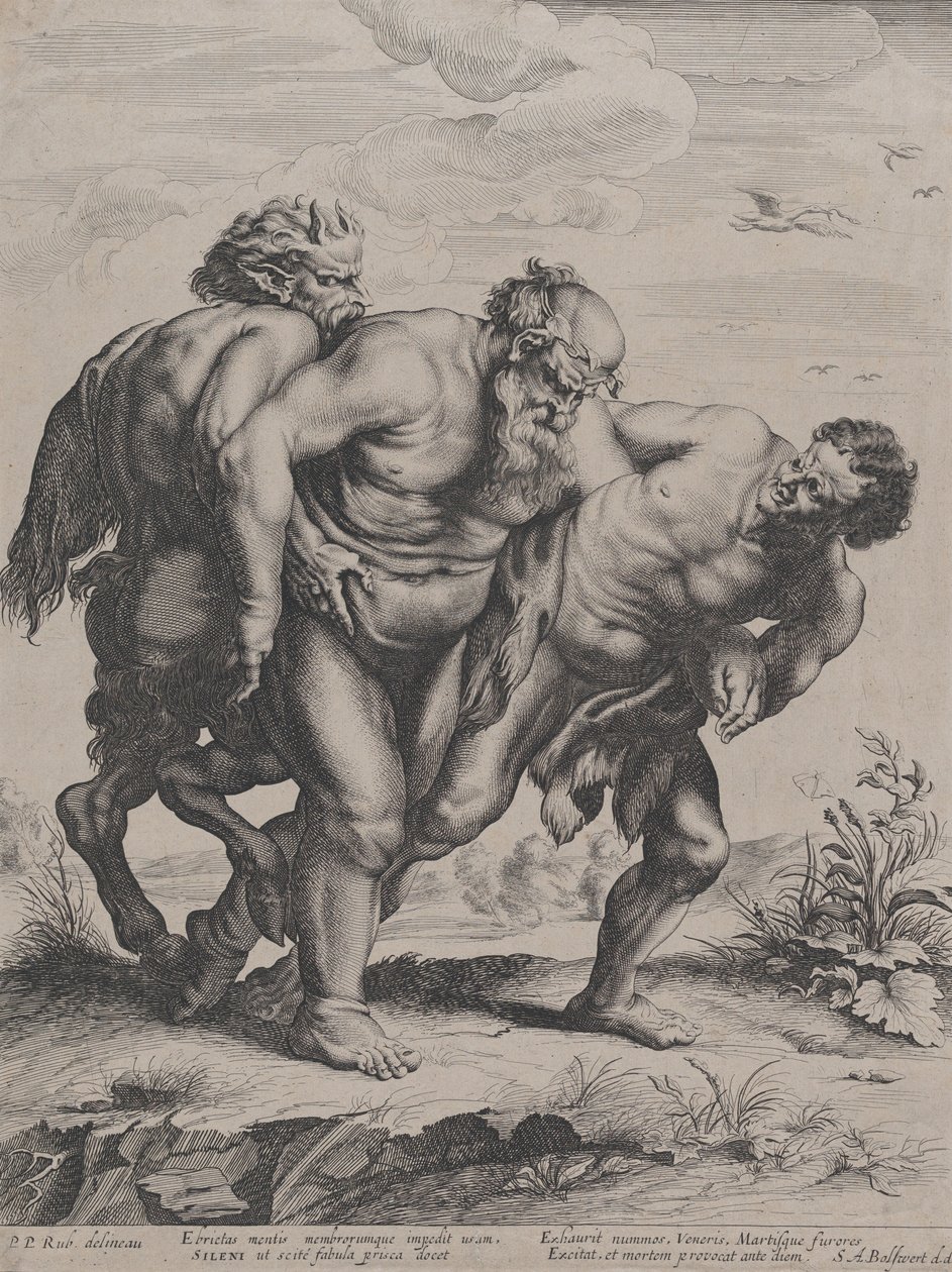 Der betrunkene Silenus, unterstützt von einem Satyr und einem Faun, 1625-59 von Boetius Adams Bolswert