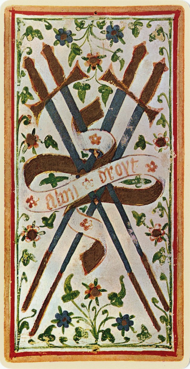 Die Vier der Schwerter, Faksimile einer Tarotkarte aus dem 