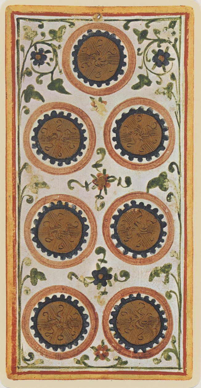Die Sieben der Münzen, Faksimile einer Tarotkarte aus dem 