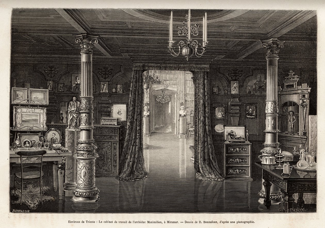 Das Arbeitskabinett des Erzherzogs von Österreich Maximilian (1832-1867), im Schloss Miramar, das er in der Nähe von Triest erbauen ließ, ab 1857, als er zum Vizekönig des Königreichs Lombardei und Venetien ernannt wurde, graviert von B. Bonnafoux zur Illu von Bonnafoux Bonnafoux