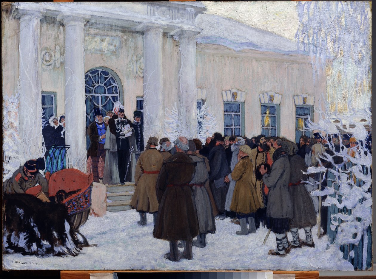 Die Emanzipation der russischen Leibeigenen im Jahr 1861, 1908-09 von Boris Mikhailovich Kustodiev