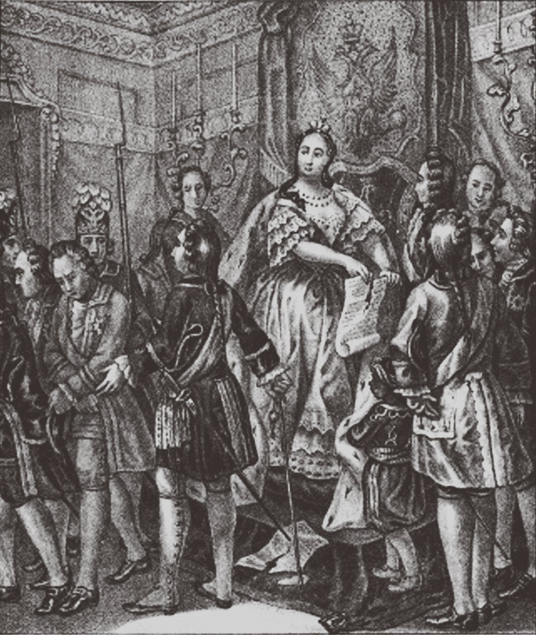 Anna Ioannovna zerreißt die Bedingungen, 1730 von Boris Artemyevich Chorikov