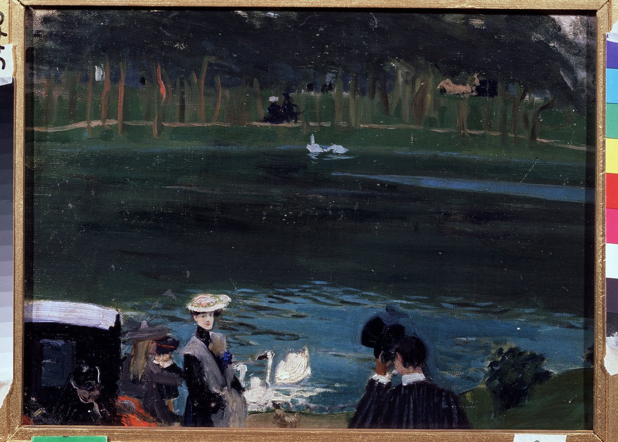 Bois de Boulogne. Der See mit Schwänen und Spaziergängern von Boris Mikhailovich Kustodiev