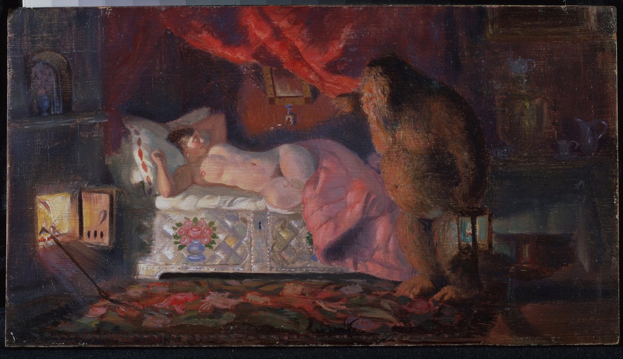 Domovoi schaut auf die schlafende Frau des Weinhändlers von Boris Mikhailovich Kustodiev