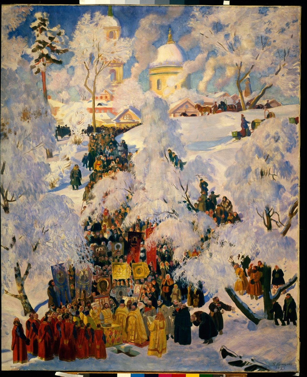 Die große Wasserweihe während des Festes der Theophanie. Traditionelle Szene der russisch-orthodoxen Kirche, liturgische Prozession der Karwoche, Feier der Taufwasser in einer Schneelandschaft von Boris Mikhailovich Kustodiev