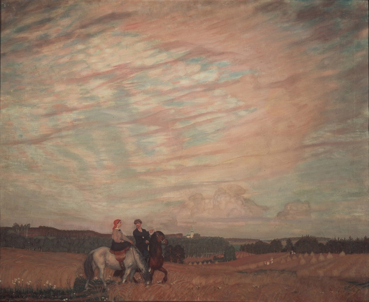 Selbstporträt mit der Frau zu Pferd, 1915 von Boris Mikhailovich Kustodiev