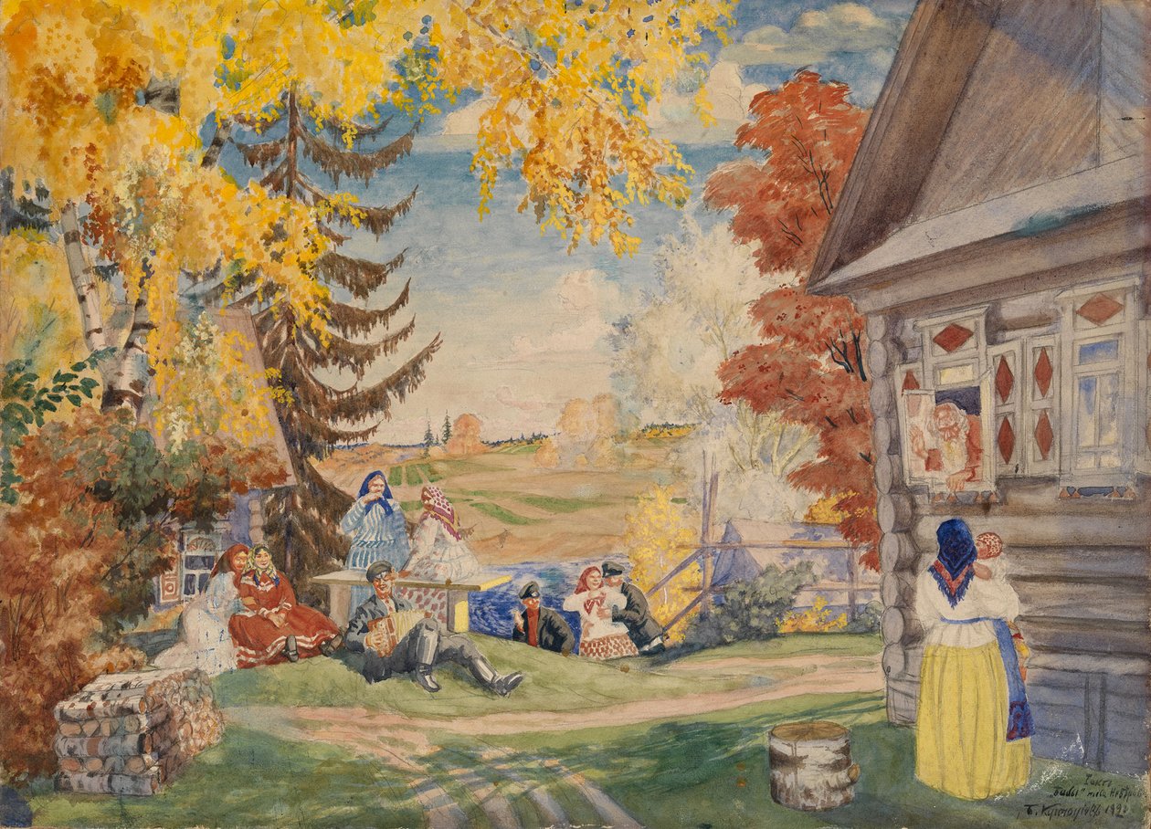 Bühnenbild für das Theaterstück Bauernfrauen von Alexander Neverov, 1920 von Boris Mikhailovich Kustodiev