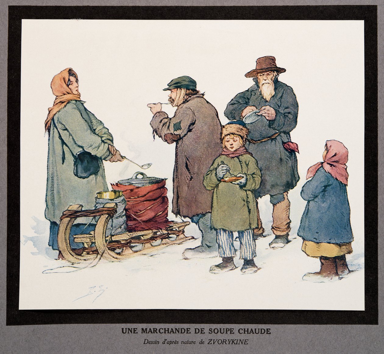 Ein heißer Suppenverkäufer, aus Histoire des Soviets, veröffentlicht 1922 von Boris Vasilievich Zvorykin