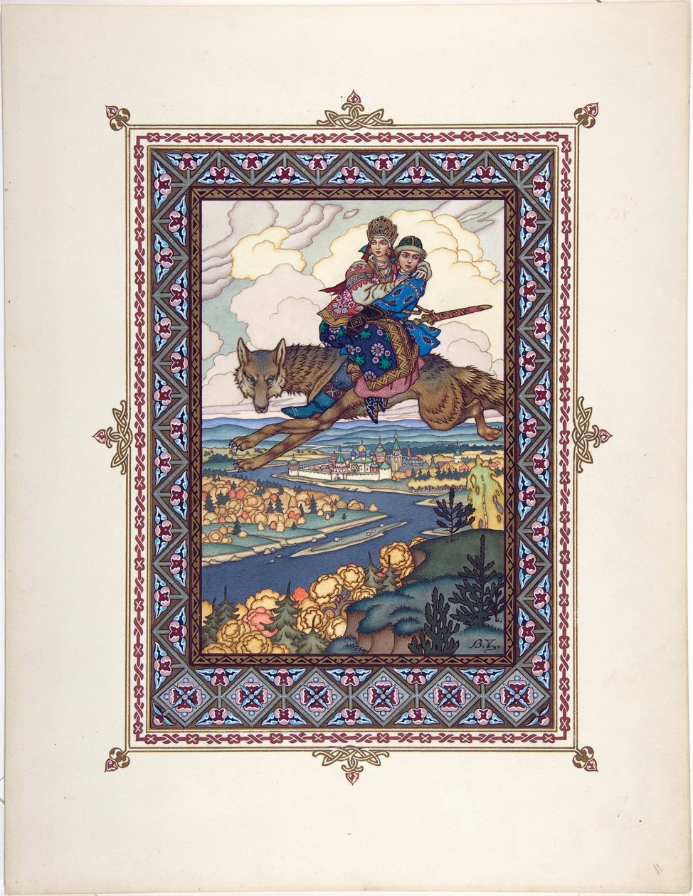 Der Feuervogel und der graue Wolf - Illustration für das Märchen von Iwan Zarewitsch, dem Feuervogel und dem grauen Wolf von Boris Vasilievich Zvorykin