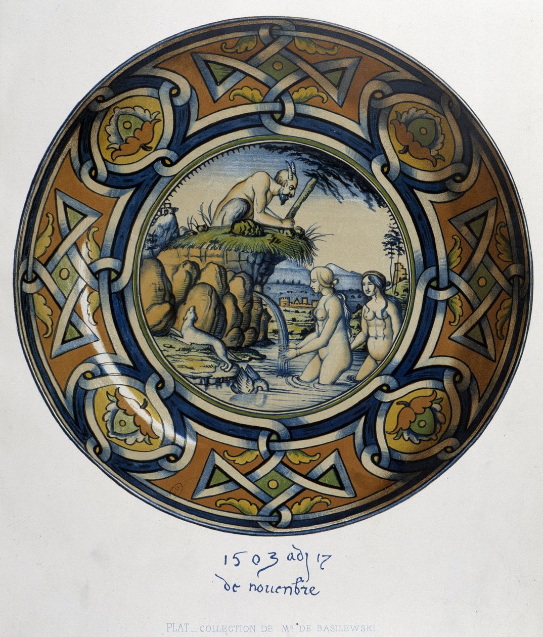 Actaeon überrascht Artemis (Diana) beim Baden - in „Collection of Italian faiences of the XV, XVI and XVIIIth centuries“, entworfen von C. Delange und C. Borneman, hrsg. Delange, Paris von Bornemann Bornemann