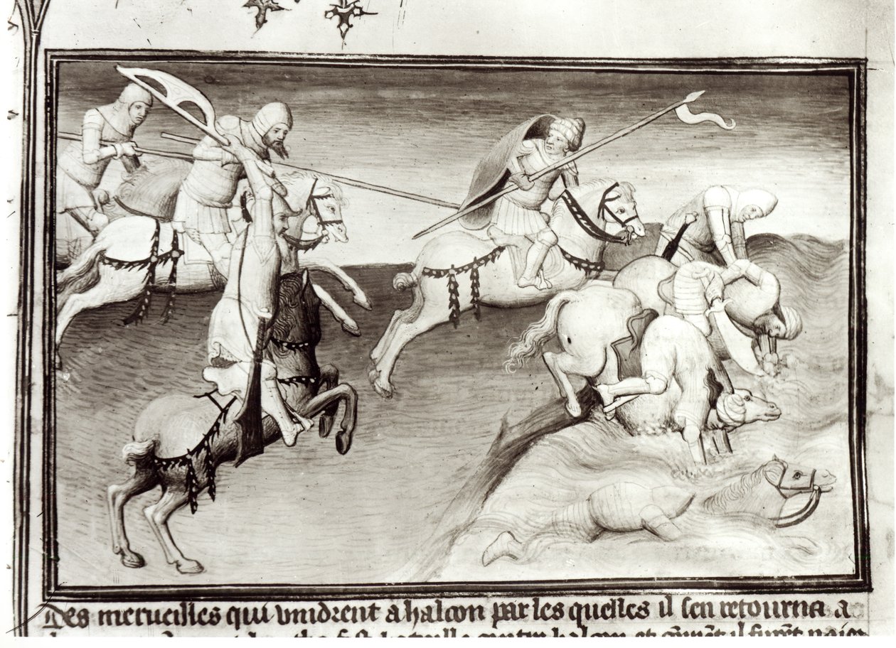 Ms Fr 2810 Der mongolische Anführer Hulagu, Khan des Ilkhanats, jagt seinen Cousin Berke, Khan der Kipchak oder Goldenen Horde im Jahr 1262 und zwingt ihn in einen Fluss, aus Livre des Merveilles du Monde, ca. 1410 von Boucicaut Master