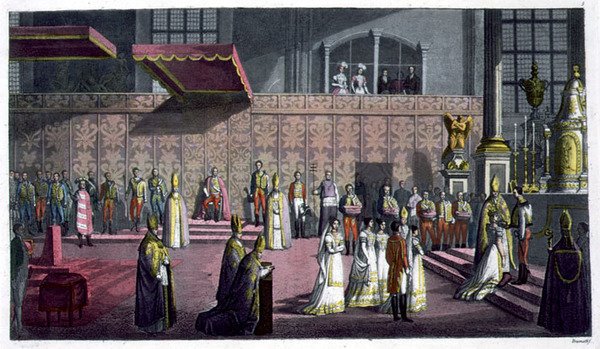 Der Primas von Ungarn krönt die Königin in der Kollegiatkirche, Westprim, Ungarn, Tafel 5 aus 