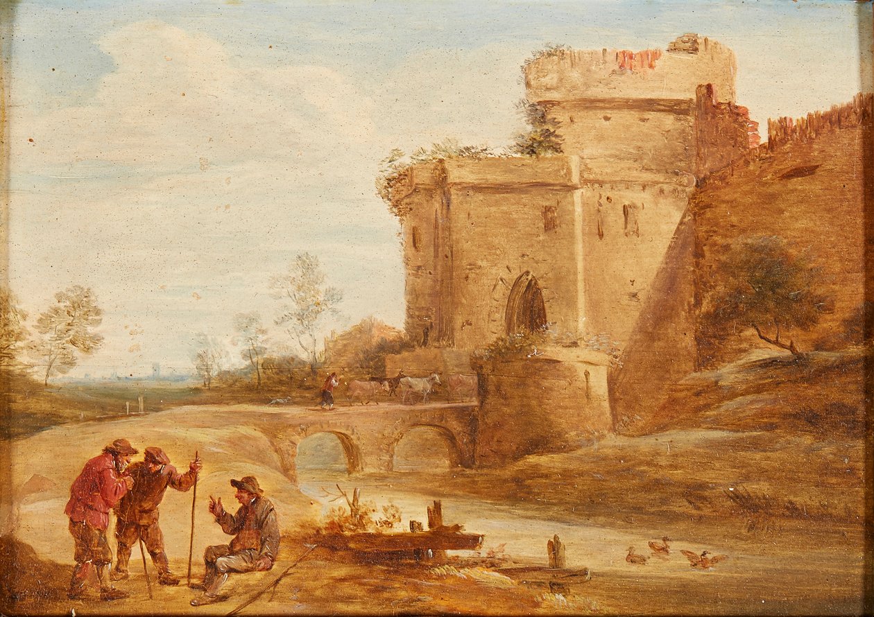 Klassische Landschaft mit Figuren und Tieren auf einem Pfad von British School