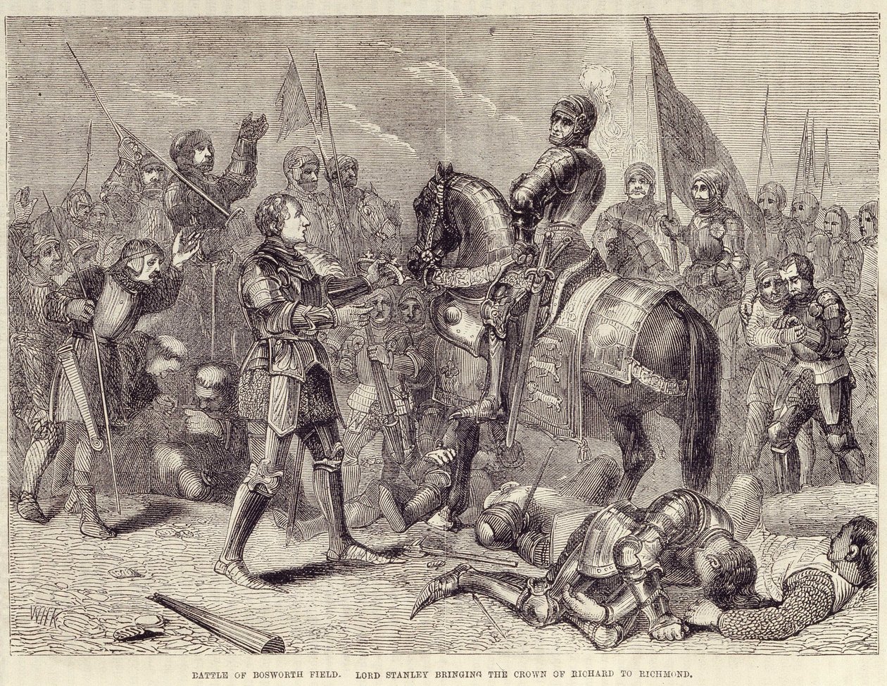 Schlacht von Bosworth Field. Lord Stanley bringt die Krone von Richard III zu Richmond (1485): Ende des Rosenkrieges - in Cassell