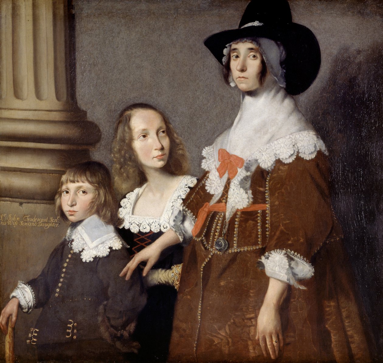 Hester Tradescant und ihre Stiefkinder, John und Frances, ca. 1644 von British School