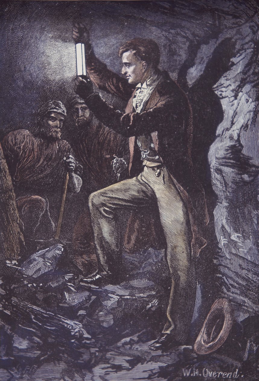 Humphry Davy mit Davy-Sicherheitslampe für Bergleute, erfunden 1815 (handkolorierter Holzstich) von British School
