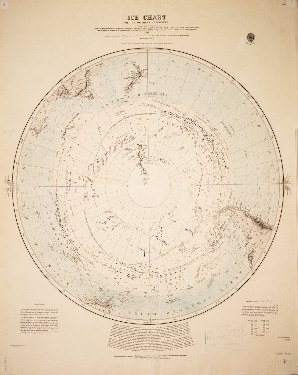 Eiskarte der südlichen Hemisphäre, zusammengestellt aus den Reisen von Cook 1772-5, Bellingshausen 1819-21... und Shackleton 1908-9 von British School