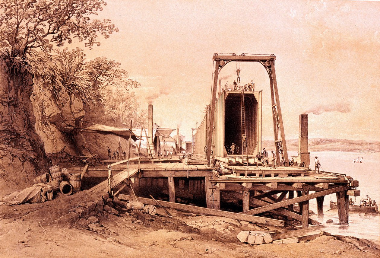 Industrielle Revolution: Installation einer vorgefertigten Brücke. Gravur aus „Britannia and Conway Tubular Bridges“ von British School
