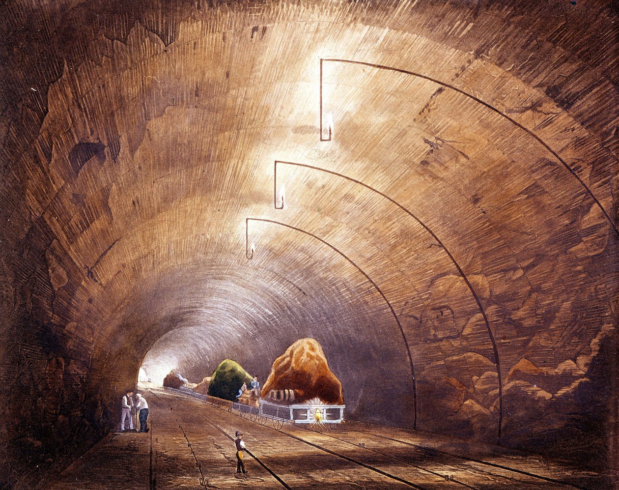 Industrielle Revolution: Eisenbahntunnel auf der Strecke Manchester - Liverpool. Platte aus „Liverpool and Manchester Railway“, London 1832. von British School
