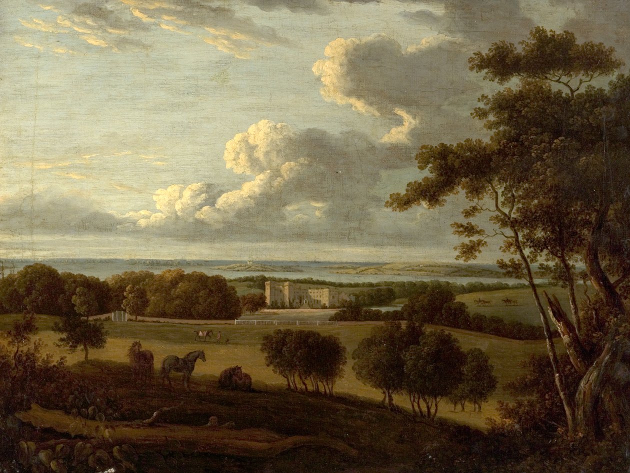 Landschaft in Küstennähe (Ansicht eines Herrenhauses mit Meer im Hintergrund) von British School