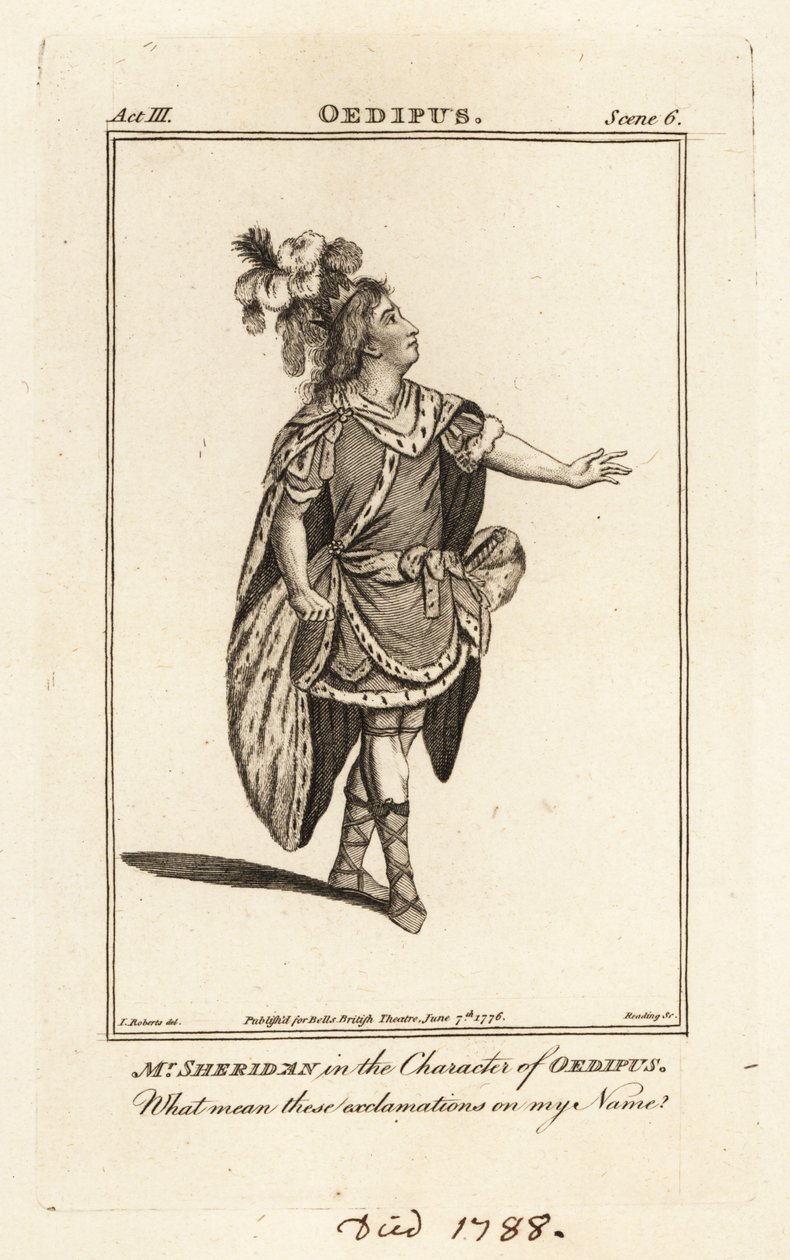 Mr. Thomas Sheridan in der Rolle des Ödipus in John Drydens Ödipus, Covent Garden Theatre von British School