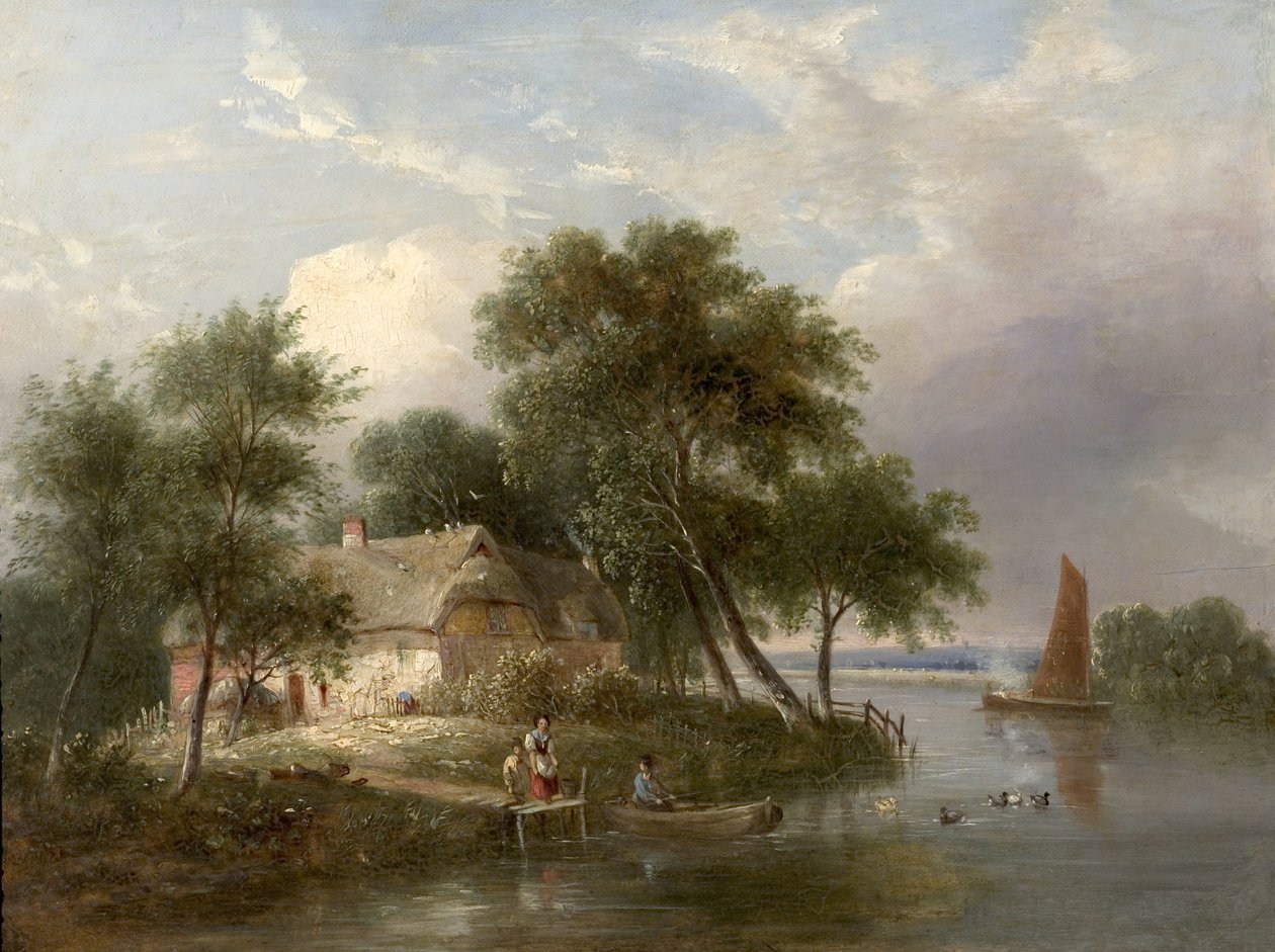 Flusslandschaft (Hütte und Bäume) von British School