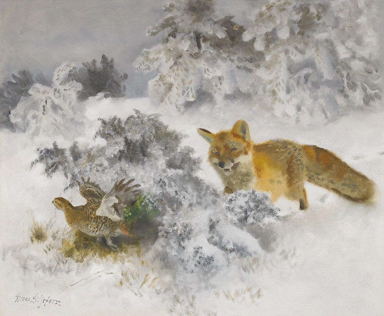 Fuchs und Auerhuhn in Winterlandschaft von Bruno Andreas Liljefors