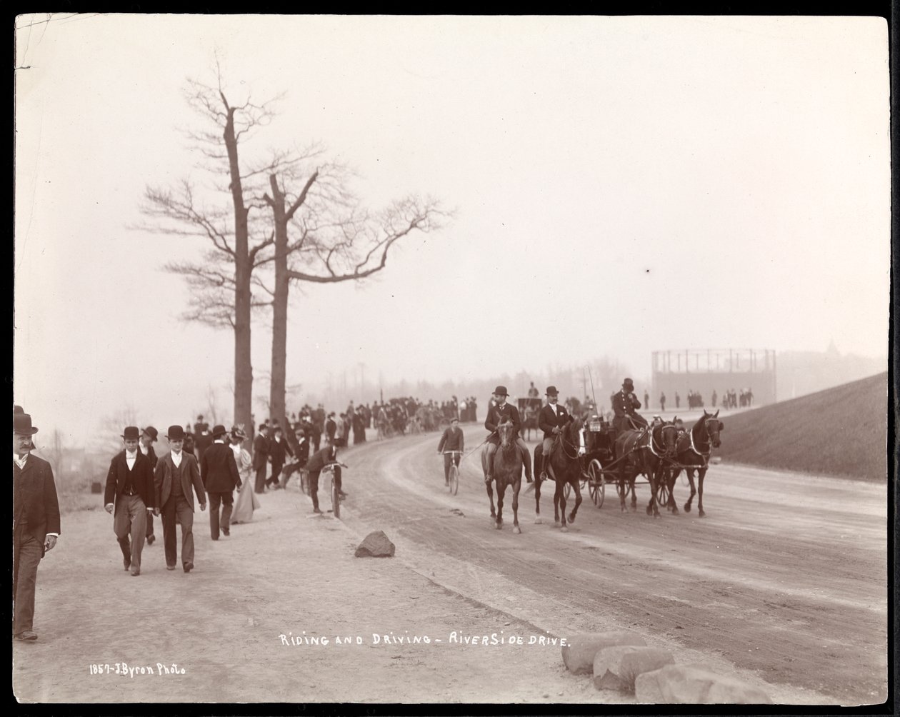 Radfahrer und pferdegezogene Kutschen an der Kurve des Riverside Drive, New York, 1896 von Byron Company