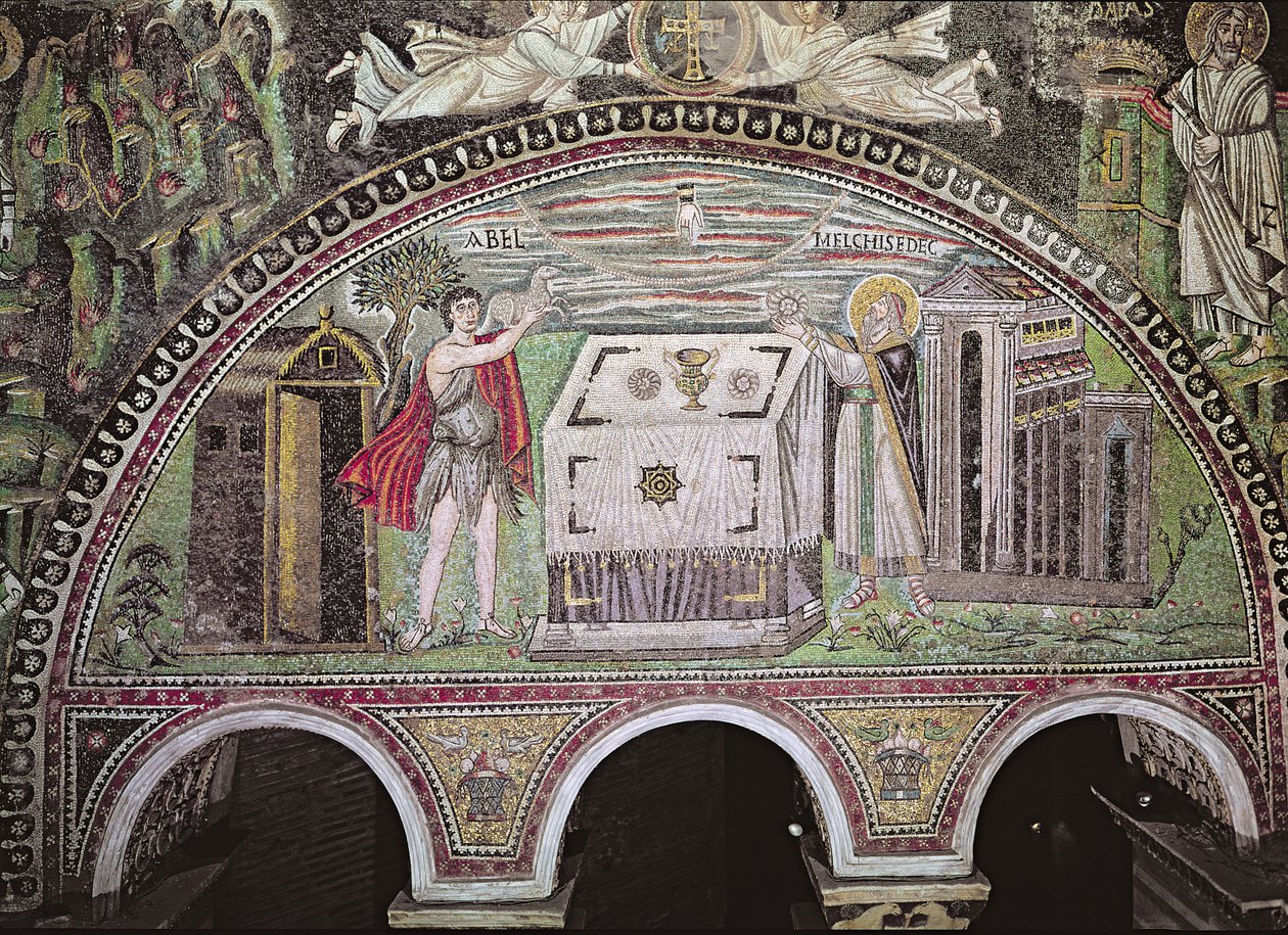 Abel opfert ein Lamm und Melchisedech opfert Brot am Altar, Lünette an der Südwand der Basilika von Byzantine School