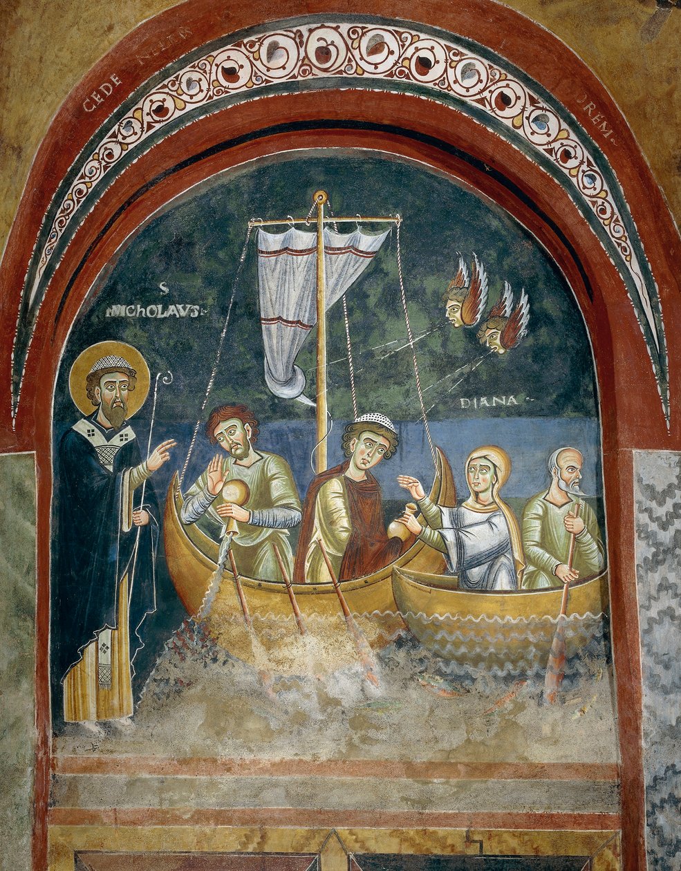 Erscheinung des heiligen Nikolaus vor schiffbrüchigen Reisenden, Detail aus den Geschichten des Lebens des heiligen Nikolaus, Romanische Fresken im byzantinischen Stil, spätes 11. Jahrhundert, Kapelle des heiligen Eldrad und des heiligen Nikolaus, Abtei No von Byzantine