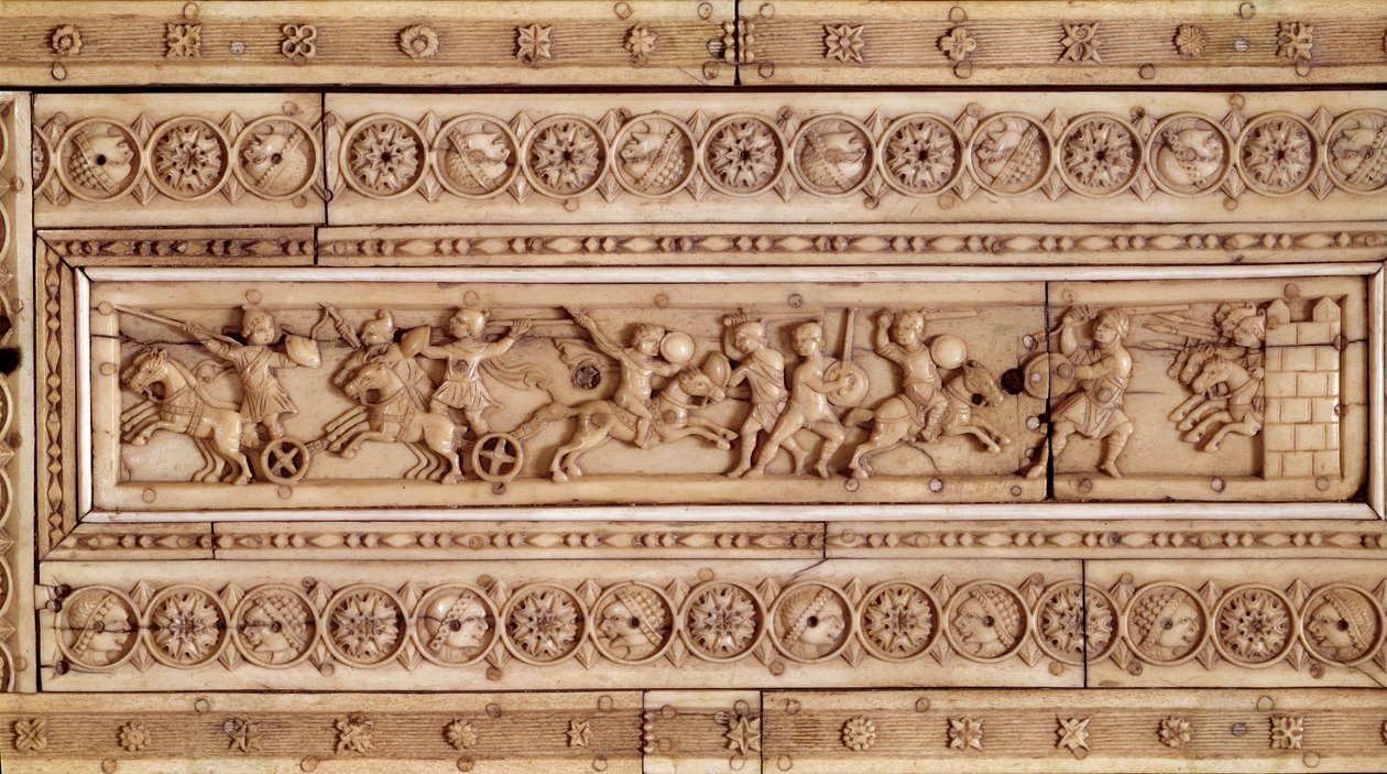 Kampfszene. Elfenbeinrelief. Oberer Teil einer Schachtel (10. Jahrhundert). Musée Cluny, Paris von Byzantine