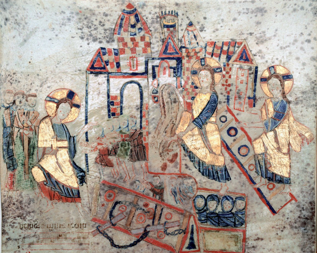 Byzantinische Kunst: „Darstellung des Erlösers Christus, der die Tore der Unterwelt niederreißt, Satan zerschmettert und Seelen befreit“ Miniatur aus „Exultet“ vom Anfang des 11. Jahrhunderts Museo Diocesano, Gaeta von Byzantine