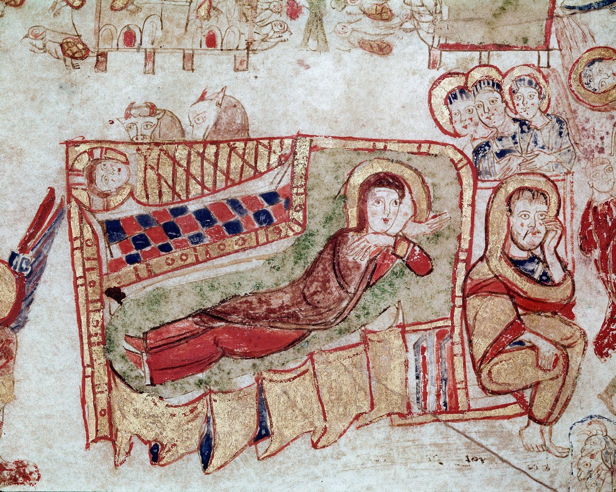 Byzantinische Kunst: „Die Geburt Christi und die Verkündigung an die Hirten“. Miniatur aus dem „Exultet“ vom Anfang des 11. Jahrhunderts. Museo Diocesano, Gaeta von Byzantine
