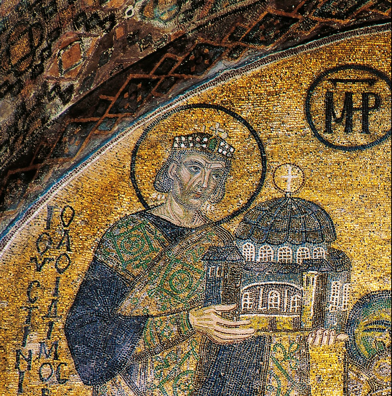 Kaiser Justinian präsentiert die Hagia Sophia der Jungfrau und dem Kind (Mosaik) von Byzantine