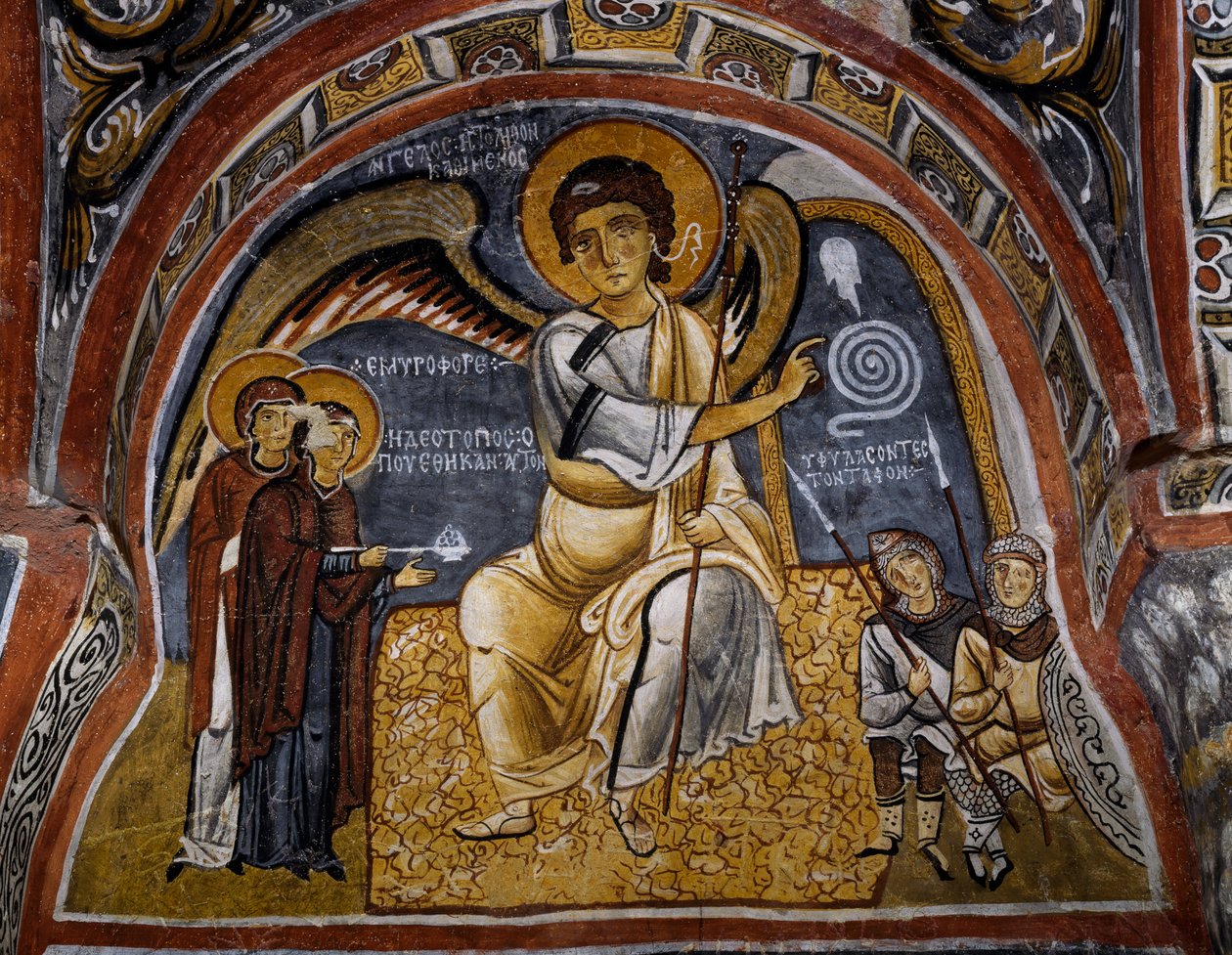 Heilige Frauen am Grab und Erscheinung des Engels, Byzantinisches Fresko (12. Jahrhundert), Karanlik Kilise (Dunkle Kirche) (12.-13. Jahrhundert), Göreme (Unesco-Welterbeliste) von Byzantine