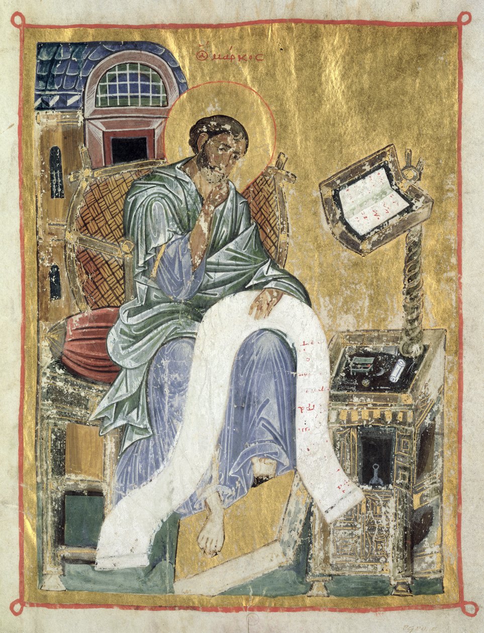 St. Markus schreibt sein Evangelium (Blatt aus einem Psalter) von Byzantine