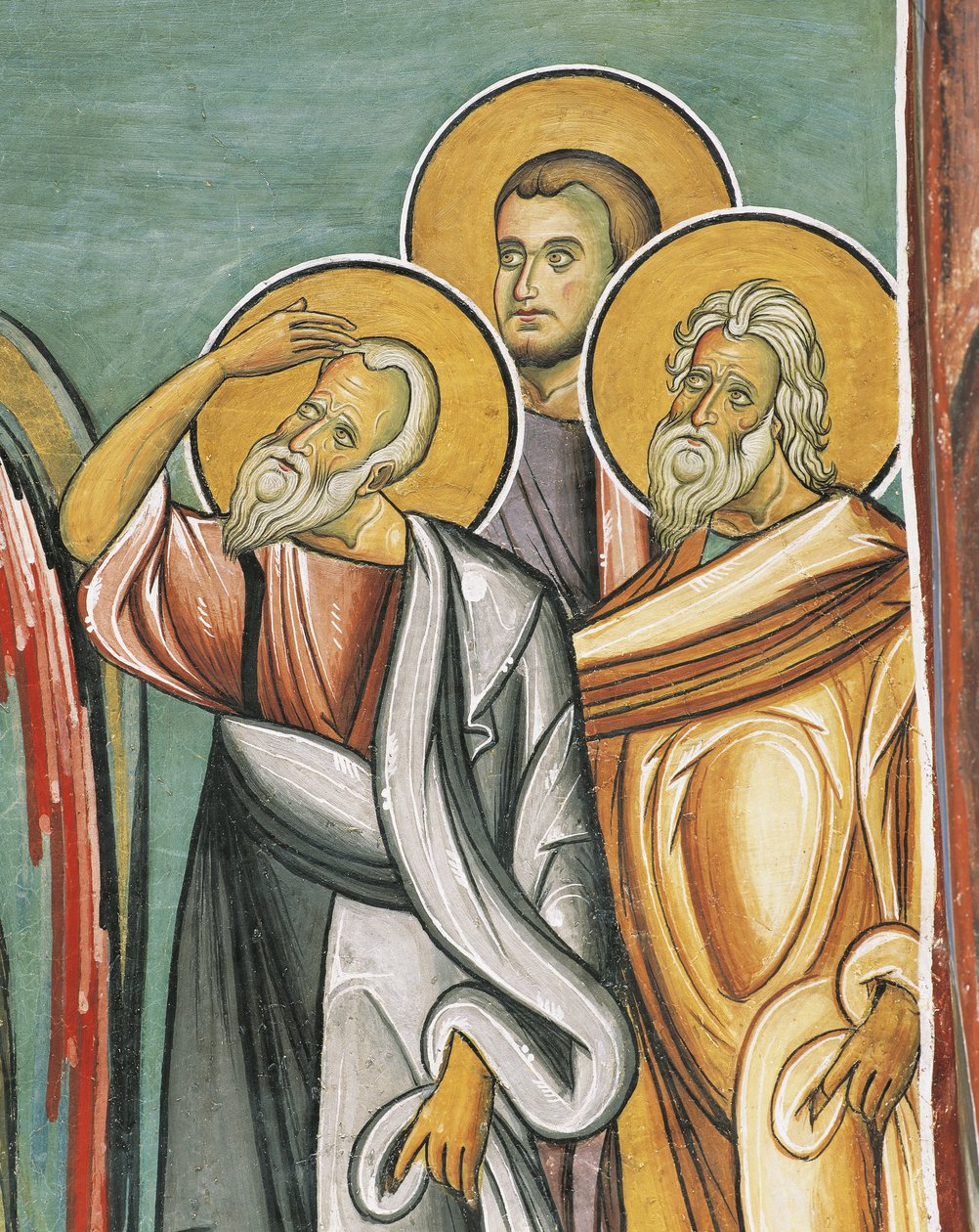 Drei Personen in einer Kirche, Panagia tou Araka, Byzantinisch, Troodos-Gebirge, Zypern von Byzantine